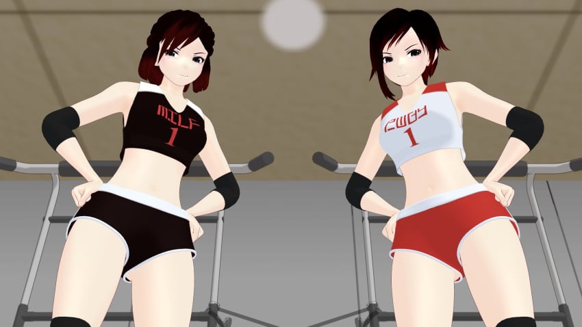 2girls 3d black_crop_top black_hair black_shorts crop_top daughter female female_only gym_clothes gym_clothing gym_shirt gym_shorts gym_uniform human midriff milf mother_and_daughter multiple_girls navel red_hair red_shorts ruby_rose rwby short_hair short_shorts silver_eyes summer_rose theblackbirdcalls white_crop_top