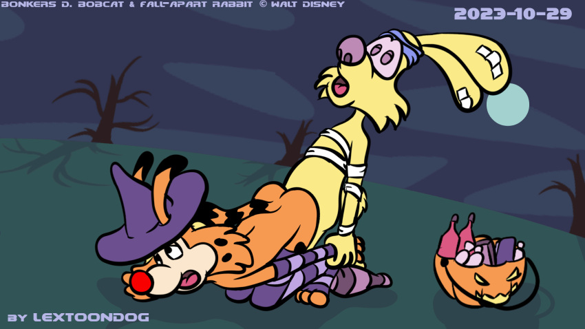 16:9 2023 animated anthro bobcat bonkers_d._bobcat clothed clothing crossdressing doggy_style duo fallapart_rabbit felid feline from_behind_position hi_res lagomorph leporid lextoondog loop lynx male male/male mammal rabbit sex short_playtime toony widescreen