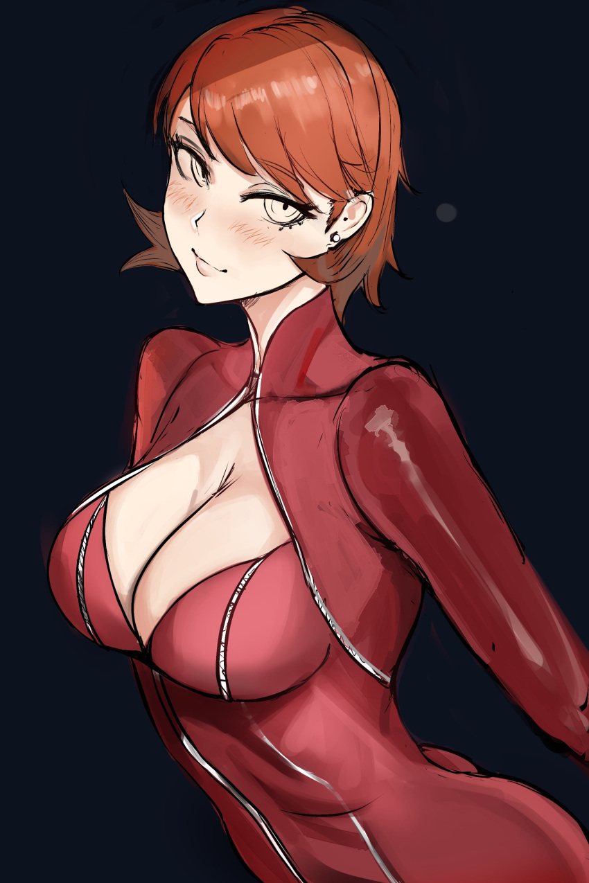 ann_takamaki_(cosplay) atlus black_background breasts clothing crossover female female_only human looking_at_viewer nero_watch pale_skin persona persona_3 persona_5 phantom_thief_suit solo tagme yukari_takeba