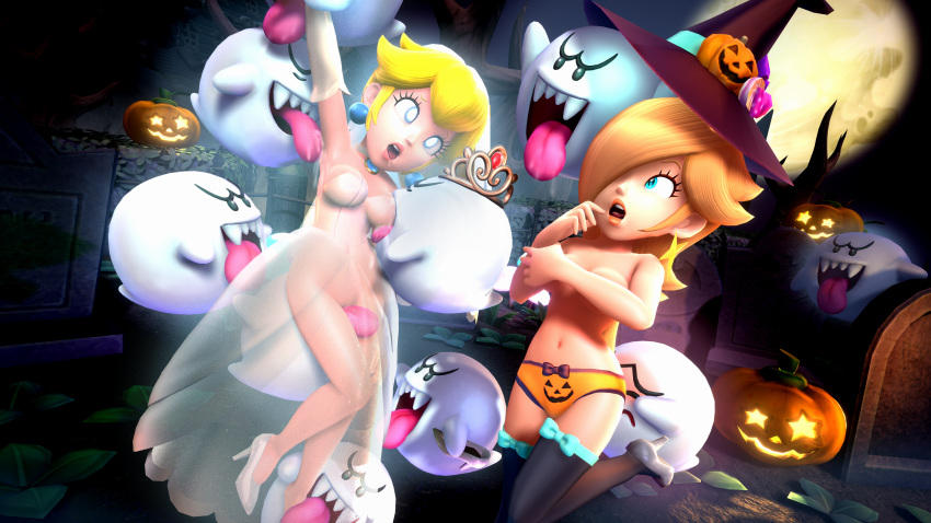 2girls accurate_art_style boo_(mario) breasts female female_focus graveyard halloween halloween_costume mario_(series) mario_kart mario_kart_tour multiple_girls onmodel3d outdoors princess_peach princess_rosalina self_upload super_mario_odyssey tagme tongue tongue_out wedding_dress witch_hat