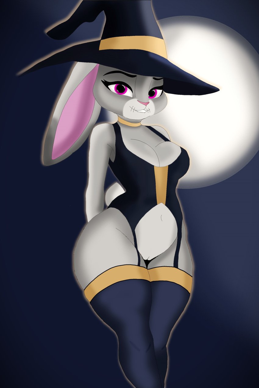 absurd_res anthro bite biting_lip breasts clothing corset cute_expression disney ears_down female garter_straps genitals glowing glowing_eyes halloween happy hat headgear headwear hi_res holidays humanoid judy_hopps lagomorph legwear leporid lingerie mammal moon pivoted_ears pussy rabbit scut_tail short_tail smile solo tail the_good_guy_two thick_thighs thigh_highs topwear witch_hat zootopia