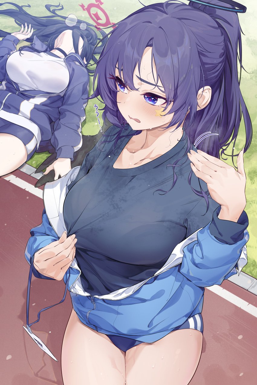 2girls blue_archive dark_blue_eyes dark_hair exhausted fanning_self hasumi_(blue_archive) hasumi_(gym_uniform)_(blue_archive) jjjsss justice_task_force_(blue_archive) light_skin millennium_science_school_student ope open_jacket passed_out pulling_clothing seminar_(blue_archive) sweat sweating sweaty_body sweaty_clothes sweaty_thighs track_and_field trinity_general_school_student wet_hair yuuka_(blue_archive) yuuka_(gym_uniform)_(blue_archive)