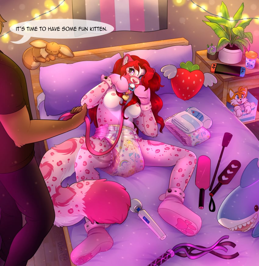 1boy 1futa anthro bed bedroom bondage bondage_mittens breasts collar diaper eevee english_text erection_under_diaper flogger fox fox_ears fox_girl fox_tail gag gagged hitachi_magic_wand large_breasts leash long_hair male mittens nightstand nintendo nintendo_switch nipples on_bed pacifier pacifier_gag paddle pants penis_bulge pillow pink_eyes pokemon potted_plant red_hair shirt smallestfaux sonic_(series) spanking_paddle strawberry_pillow stuffed_animal tails text text_bubble vibrator whip