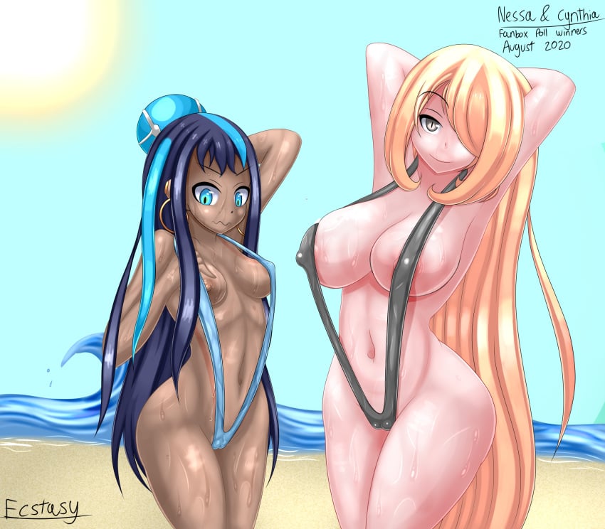 2girls adjusting_swimsuit beach big_breasts black_hair black_one-piece_swimsuit black_swimsuit blonde_hair blue_eyes blue_highlights blue_one-piece_swimsuit blue_swimsuit breasts brown_eyes clouds cynthia_(pokemon) earrings ecstasy_(icyblue) female female_only hair_ornament hair_over_one_eye highlights_(coloring) hoop_earrings large_breasts long_hair looking_at_viewer medium_breasts midriff milf navel nessa_(pokemon) nintendo nipples ocean one-piece_swimsuit outside pokemon pokemon_dppt pokemon_ss sky sling_bikini slingshot_swimsuit sweat swimsuit water