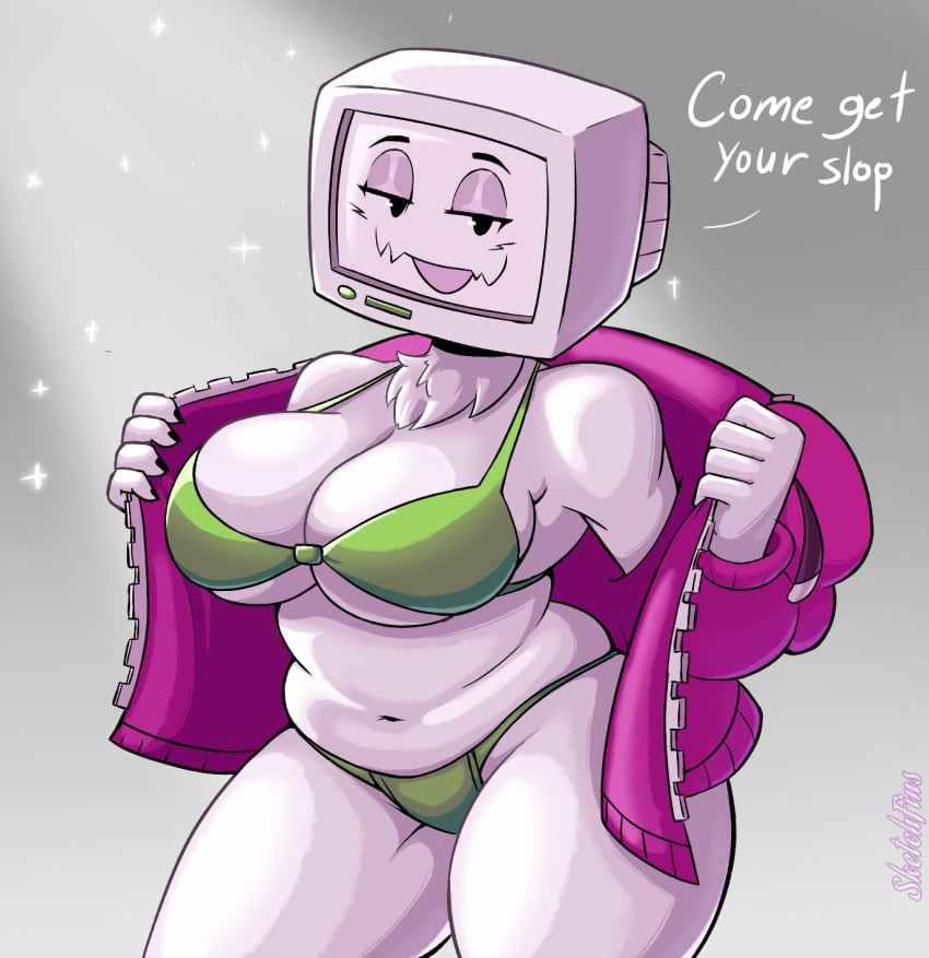 1girls bedroom_eyes big_breasts bikini breasts dialogue english_text female gamersupps green_bikini jacket looking_at_viewer navel pyrocynical pyrocynical_tvhead_oc rule_63 screen_face sketchfins slightly_chubby tagme thick_thighs tv_head white_skin youtube youtuber