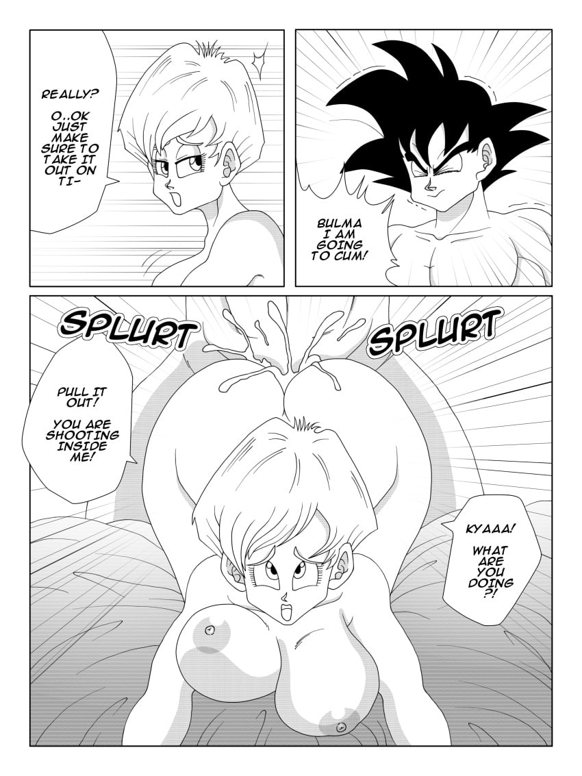 1boy 1girls 2023 absurd_res ahe_gao all_fours areolae bent_over betterz black_and_white bouncing_breasts breasts bulma_briefs bulma_briefs_(beginnings_of_dragon_ball_z) comic comic_page cum cum_in_pussy cum_inside curvy dialogue doggy_style dragon_ball dragon_ball_super dragon_ball_z english_text female hourglass_figure large_breasts male nipples nude open_mouth penetration sex short_hair son_goku speech_bubble straight text vaginal_penetration