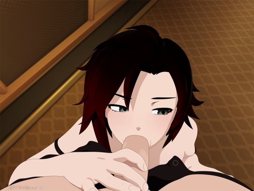 1boy 1girls 3d black_hair blowjob clothed_female clothed_sex fellatio female human male necromalock penis pov punk_girl red_highlights ruby_rose rwby short_hair silver_eyes tagme teacher teacher_and_student