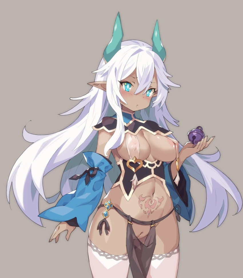 bell black_ribbon blue_eyes blue_horns blue_pupils blue_sleeves blush breasts breasts_apart closed_mouth commentary_request cowboy_shot dark-skinned_female dark_skin detached_sleeves female grey_background hair_between_eyes haitenai_rpg highres holding holding_bell horns jingle_bell long_bangs long_hair looking_at_viewer medium_breasts navel nipples pelvic_curtain pointy_ears pubic_tattoo pussy revealing_clothes ribbon simple_background single_sidelock sleeve_ribbon solo tan tattoo thighhighs tsudero uncensored underbust very_long_hair white_hair white_thighhighs