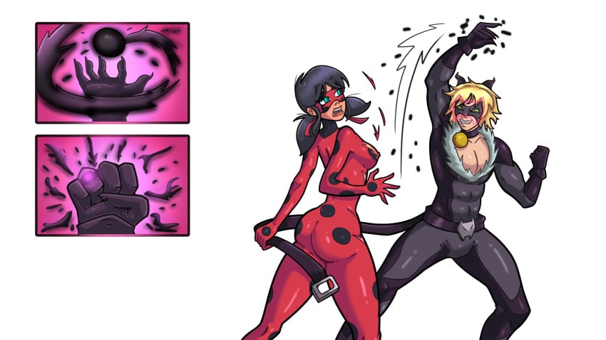 1boy 1girls adrien_agreste cat_noir female game_cg ladybug_(character) male marinette_cheng marinette_dupain-cheng miraculous_ladybug sprite tagme torn_bodysuit torn_clothes valegor(artist) white_background