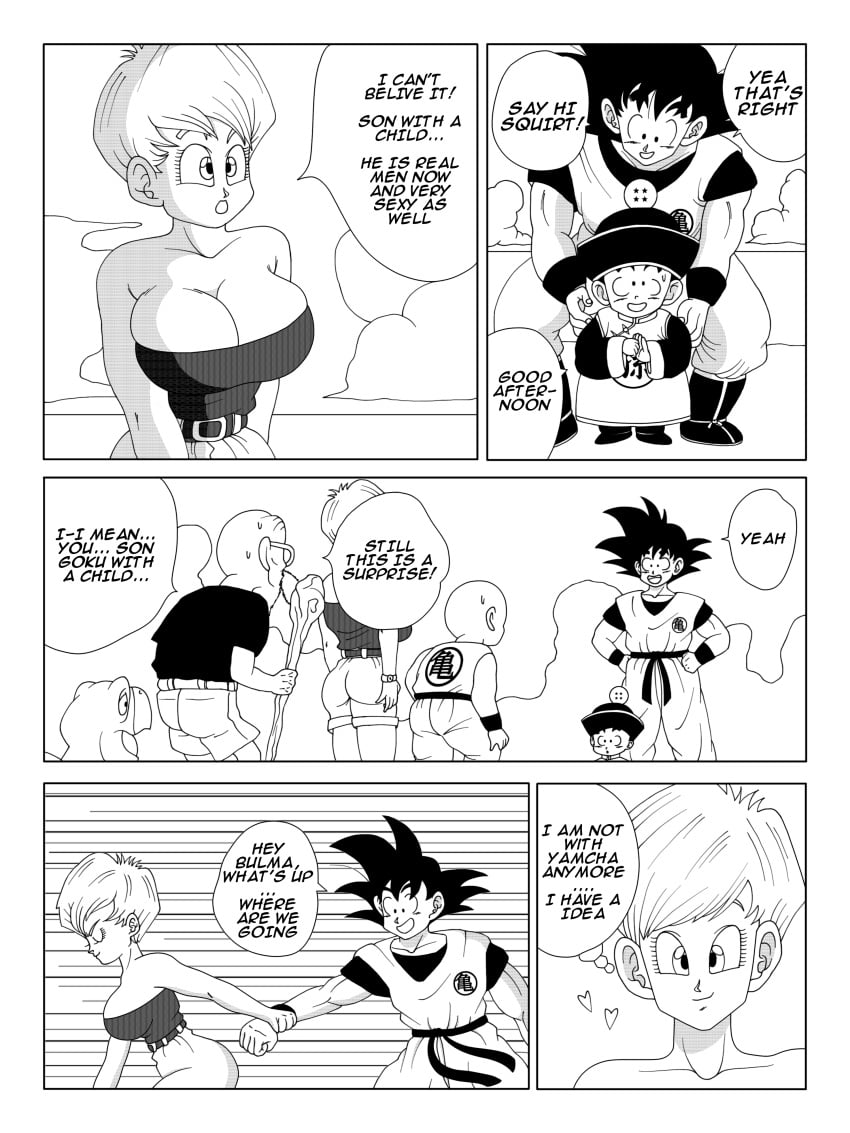 1girls 2023 4boys absurd_res betterz black_and_white bulma bulma_(dragon_ball) bulma_briefs bulma_briefs_(beginnings_of_dragon_ball_z) clothing comic comic_page dialogue dragon_ball dragon_ball_super dragon_ball_z english_text female krillin kuririn male master_roshi multiple_males muten_roushi no_sex son_gohan son_goku speech_bubble straight text tubetop turtle_(dragon_ball)