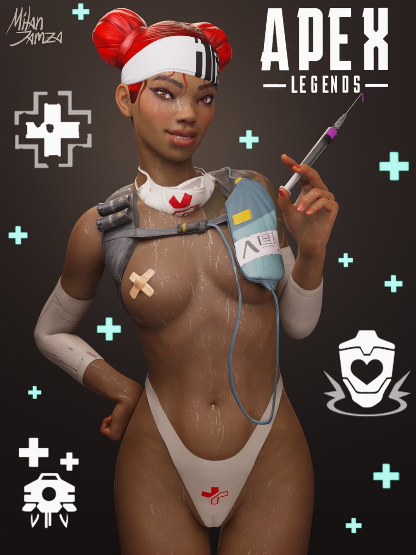 3d_(artwork) apex_legends blender_(software) cameltoe dark-skinned_female lifeline_(apex_legends) medic milanjamza nurse pinup revealing_clothes sweat syringe