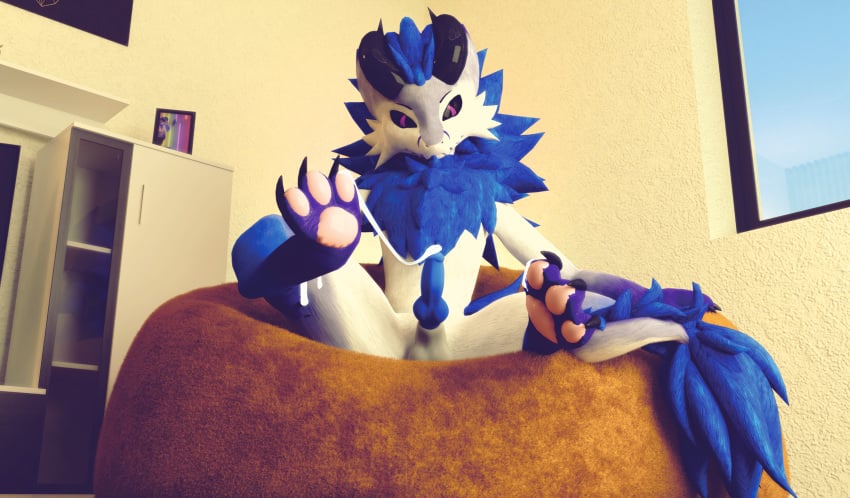 anthro balls bean_bag blender_(software) blumarshmallow blumarshmallow_(artist) bodily_fluids claws cum cum_on_paw erection feet genital_fluids genitals hi_res horn male nude pawpads paws penis raising_leg sitting solo tail toes wickerbeast