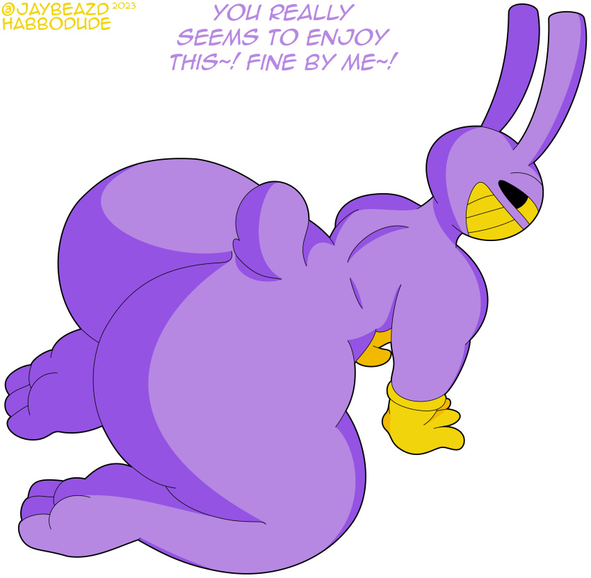 1boy 2023 anthro anthro_male ass big_ass big_butt bottomless bunny bunny_ears color colored dialogue english english_text fat_ass fat_butt furry glitch_productions gloves gloves_only gooseworx habbodude hi_res huge_ass huge_butt hyper_ass hyper_butt jax jax_(the_amazing_digital_circus) looking_at_viewer looking_back male male_only nude purple_skin purple_text rabbit simple_background solo tail talking text the_amazing_digital_circus thick_ass thick_butt thick_thighs white_background wide_hips yellow_eyes yellow_gloves yellow_teeth yellow_text yiff