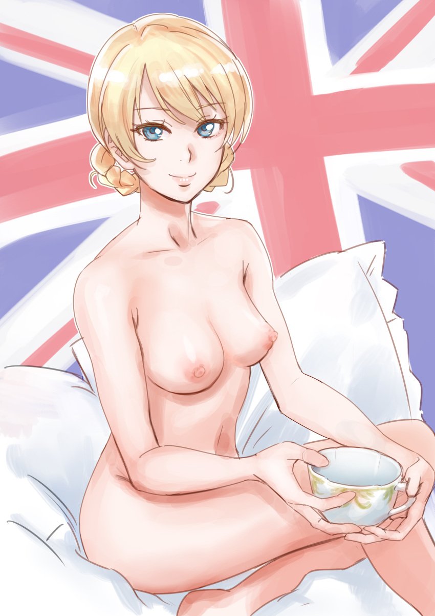 bad_id bad_pixiv_id blonde_hair blue_eyes braid breasts british casual_nudity closed_mouth cup darjeeling female girls_und_panzer holding holding_cup kuppipi_ramutarou looking_at_viewer medium_breasts nipples nonsexual_nudity nude nudist pillow short_hair smile solo teacup union_jack