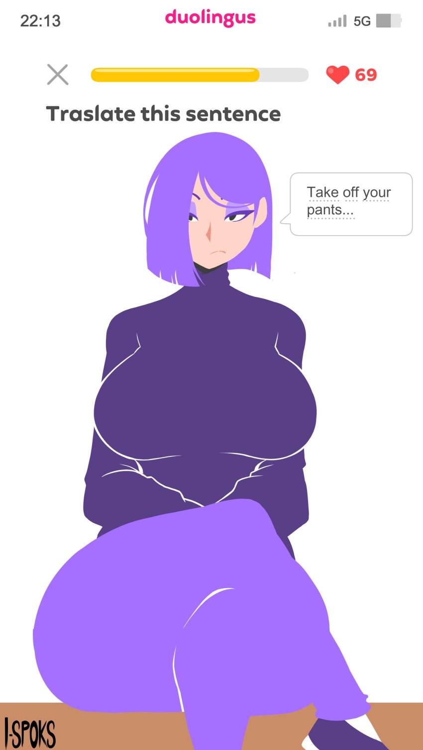 1girls alternate_breast_size big_breasts breasts clothed clothing crossed_legs duolingo emo emo_girl english_text huge_breasts ilustretsspoks instructing large_breasts legs_crossed lily_(duolingo) looking_at_viewer no_outlines purple_clothing purple_hair sitting text thick thick_thighs