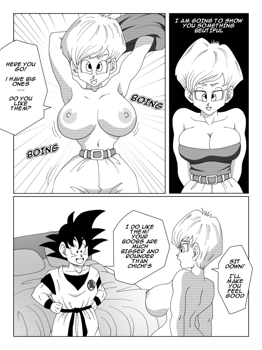 1boy 1girls 2023 absurd_res areolae betterz black_and_white breasts bulma_briefs bulma_briefs_(beginnings_of_dragon_ball_z) cleavage comic comic_page curvy dialogue dragon_ball dragon_ball_super dragon_ball_z english_text female hourglass_figure imminent_sex large_breasts male nipples short_hair son_goku speech_bubble straight text thick_thighs thighs tubetop undressing