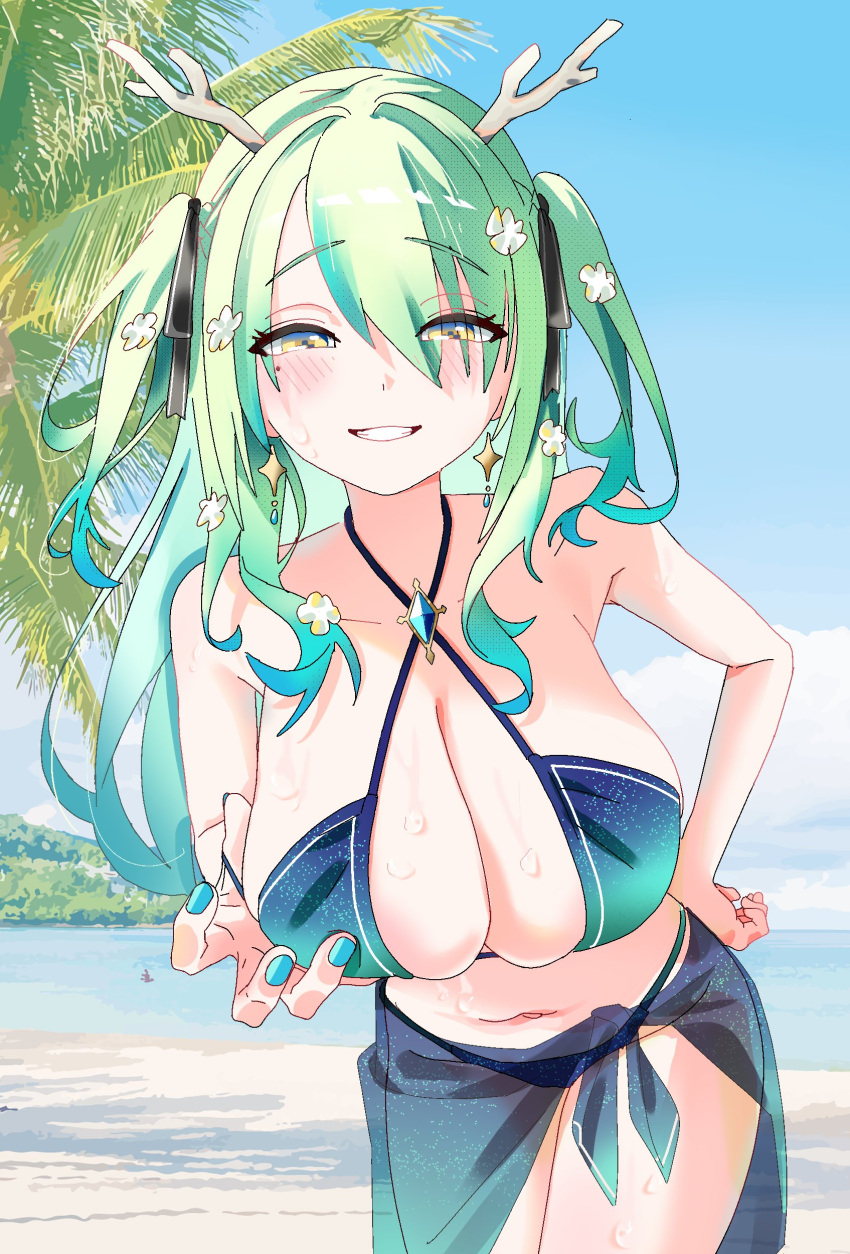 1girls bikini branch_horns breasts ceres_fauna cleavage female green_hair gurumie hi_res hololive hololive_english hololive_english_-council- hololive_english_-promise- horns huge_breasts large_breasts light-skinned_female light_skin long_hair twintails virtual_youtuber yellow_eyes