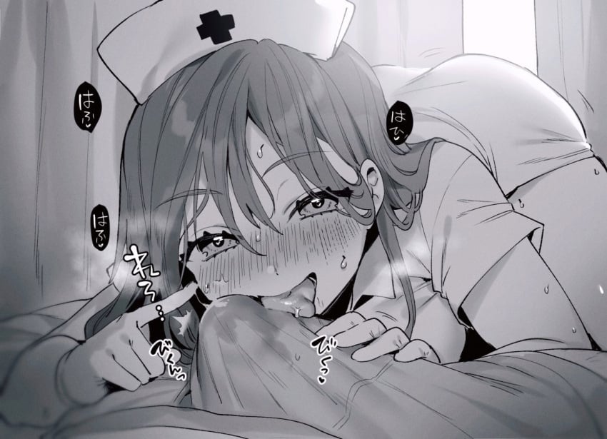 1boy 1girls ass bangs blush bulge curtains erection erection_under_clothes fellatio female greyscale hat heart heart-shaped_pupils imminent_fellatio licking licking_penis licking_penis_through_clothes long_hair looking_at_viewer monochrome nurse nurse_cap open_mouth oral pov sakura_yuki_(clochette) saliva solo_focus straight sweat symbol-shaped_pupils teasing through_clothes tongue tongue_out underwear