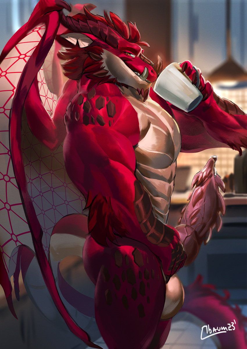 anthro ass balls beverage big_balls big_penis bodily_fluids claws coffee container cup digital_media_(artwork) dragon dripping entropy_(billeur) erection fur genital_fluids genitals hi_res horn huge_balls huge_cock kitchen looking_at_viewer male membrane_(anatomy) membranous_wings muscular muscular_anthro muscular_male nude obaum penile_spines penis pink_penis precum precum_drip red_body red_fur red_scales scales scalie smile solo tail vein veiny_penis western_dragon wings