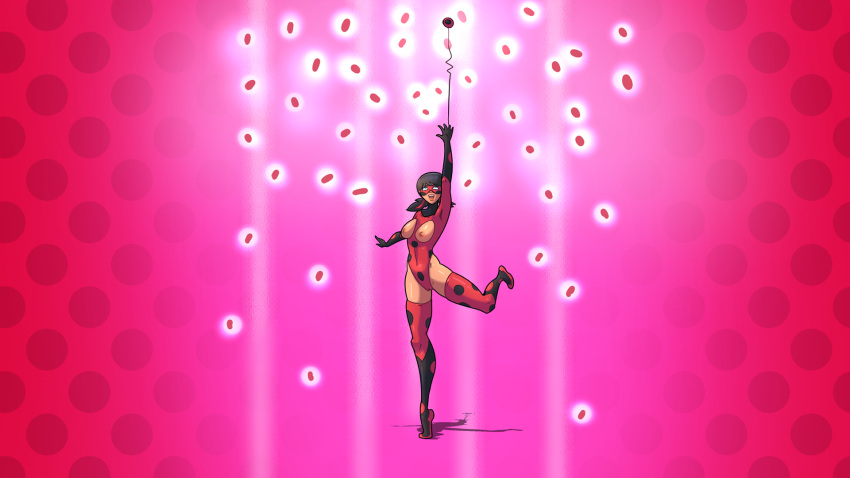 1girls breasts breasts_out female female_only game_cg ladybug_(character) leotard marinette_cheng marinette_dupain-cheng miraculous_ladybug pink_background red_background solo sprite tagme valegor(artist)