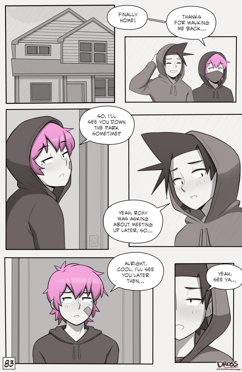 2boys black_hair black_hoodie comic comic_page dialogue dross gay hood_down hood_up hoodie hoodie_only jacob_(dross) light-skinned_male light_skin male male/male male_only monochrome pink_hair skater_boi_(dross) tagme taylor_(dross) text text_bubble yaoi