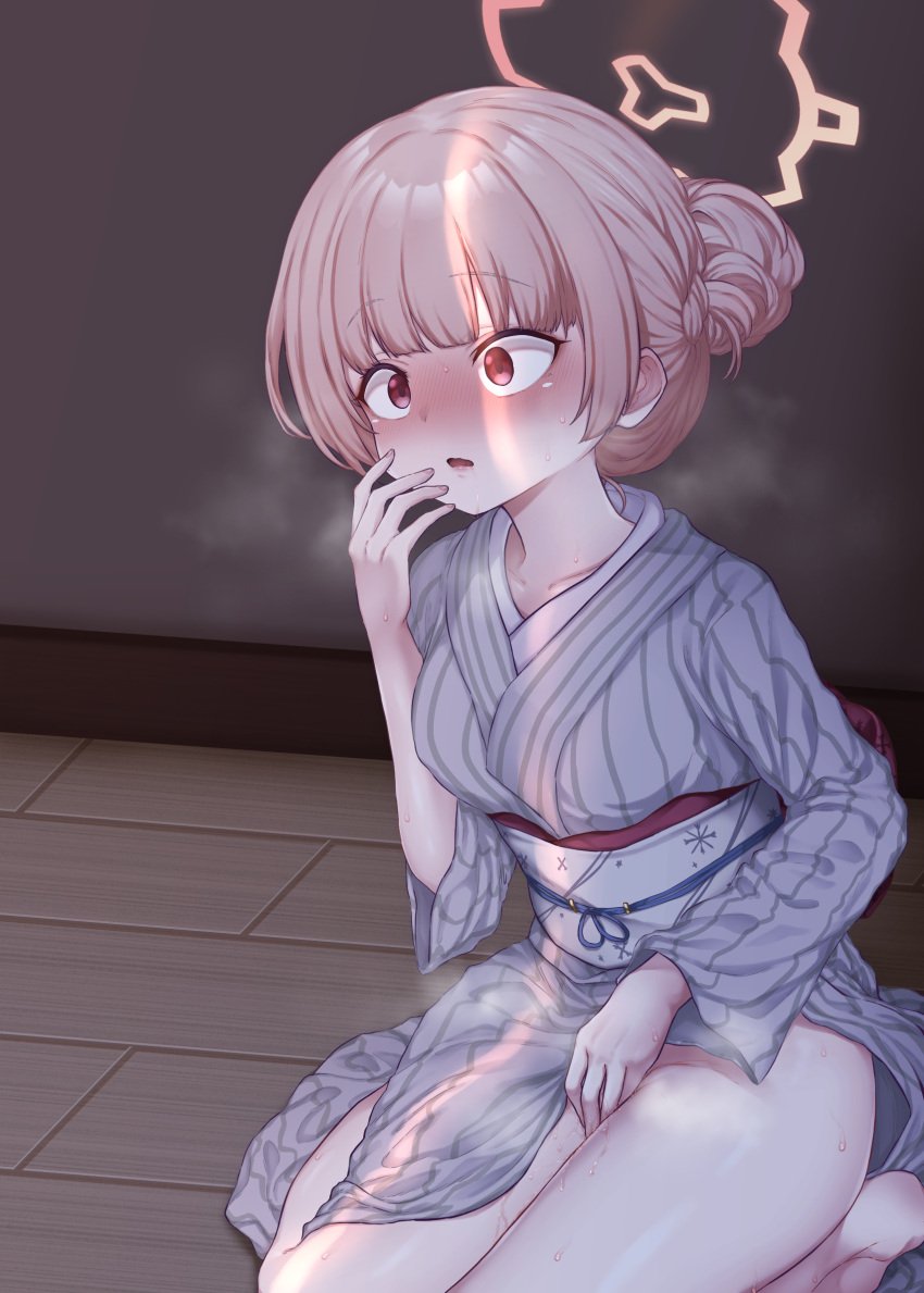 blonde_hair blue_archive blush commentary_request female female_masturbation grey_kimono hair_bun halo hand_to_own_mouth highres indoors japanese_clothes kimono korean_commentary long_sleeves masturbation nodoka_(blue_archive) nodoka_(hot_spring)_(blue_archive) obi open_mouth red_eyes red_winter_federal_academy_student rla13753 sash single_hair_bun sitting solo spec_ops_no._227_(blue_archive) sweat voyeurism