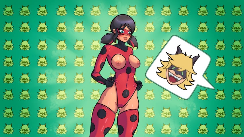 1boy 1girls adrien_agreste breasts cat_noir color colored costume female game_cg green_background light-skinned_male male marinette_cheng marinette_dupain-cheng miraculous_ladybug sprite tagme valegor(artist)