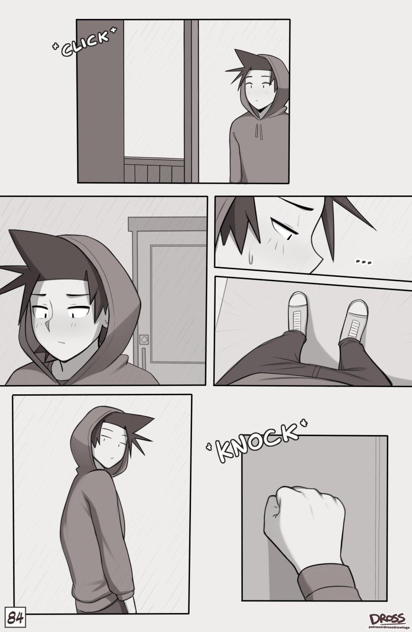 1boy black_hair comic comic_page dross gay hoodie jacob_(dross) light-skinned_male light_skin male male_only monochrome page_84 skater_boi_(dross) solo tagme text yaoi