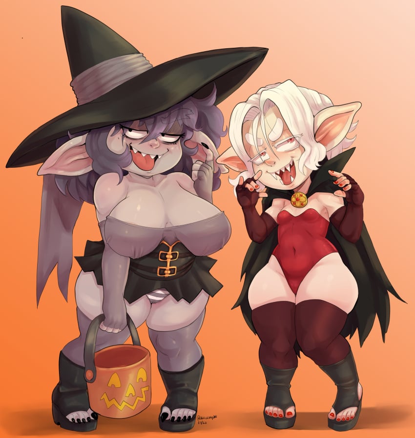 2girls absurd_res armwear bianca_(nerdbayne) big_breasts black_toenails breast_size_difference cape clothed clothed_female fangs feet female female_only goblin goblin_female grey-skinned_female grey_hair grey_skin halloween halloween_costume leotard light-skinned_female light_skin looking_at_viewer mole_under_eye narrowed_eyes nerdbayne open_mouth pointy_ears rachel_(nerdbayne) red_toenails sharp_teeth sharp_toenails shortstack skindentation small_breasts smiling smiling_at_viewer striped_panties thick_thighs thighhighs toenail_polish toes vampire_costume white_hair witch_costume witch_hat