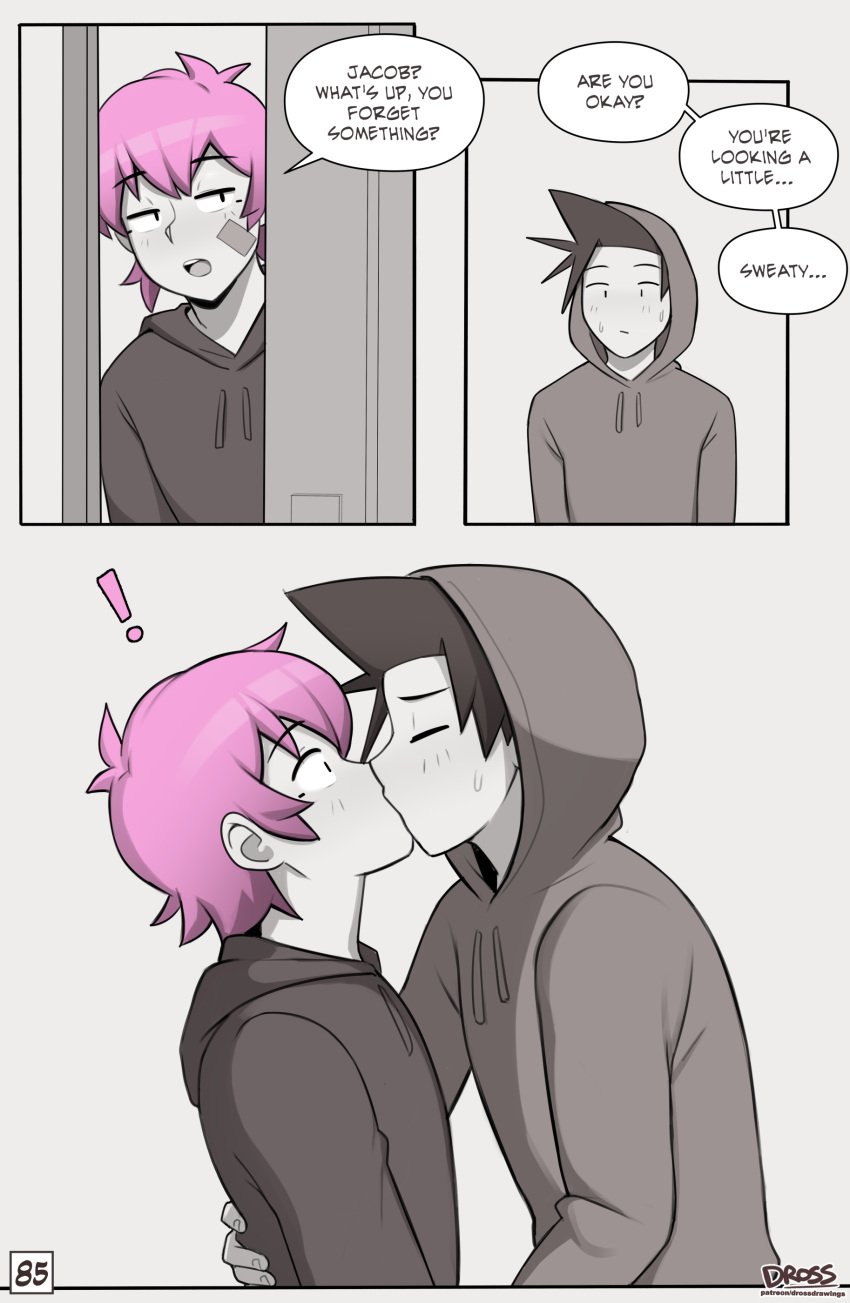 2boys black_hair comic comic_page dross gay gay_kissing hoodie jacob_(dross) kissing light-skinned_male light_skin male male/male male_only monochrome pink_hair skater_boi_(dross) surprised_expression surprised_face surprised_look tagme taylor_(dross) wholesome yaoi