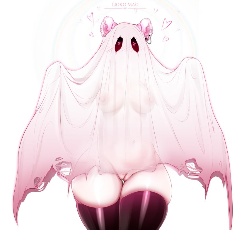 1girls absurd_res areolae artist_name bear_ears black_thighhighs blush breasts female female_only ghost ghost_costume ghost_girl heart heart-shaped_pupils heavy_blush liokko_mao looking_at_viewer navier_(liokko_mao) nipples nude_underneath pink_eyes pussy see-through see-through_clothing solo thick_thighs thigh_squish thighhighs wide_hips