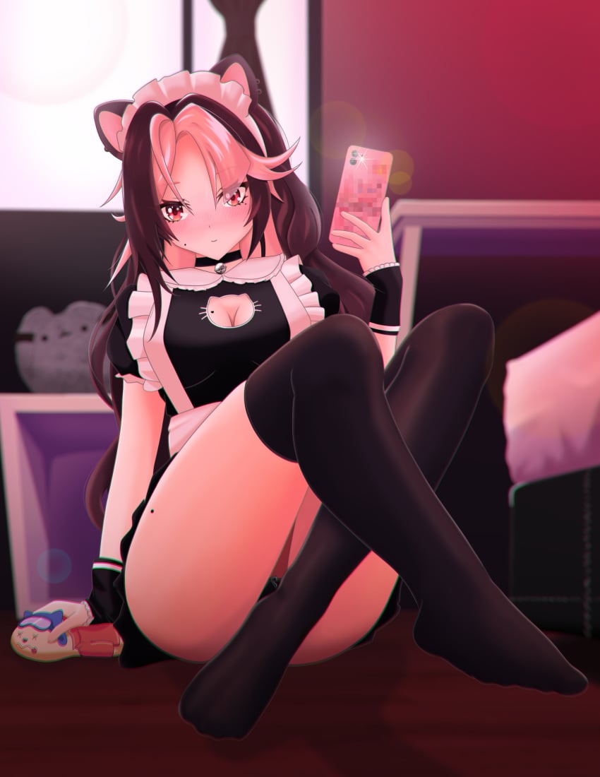 1girls alternate_version_available animal_ears blush cellphone female_only full_body highres latam_virtual_youtuber light-skinned_female light_skin long_hair looking_at_viewer maid maid_uniform mole mole_on_breast mole_under_eye pink_eyes pink_hair shura_hiwa sitting sitting_on_floor thighhighs two_tone_hair virtual_youtuber vjin vtuber vtuberfanart