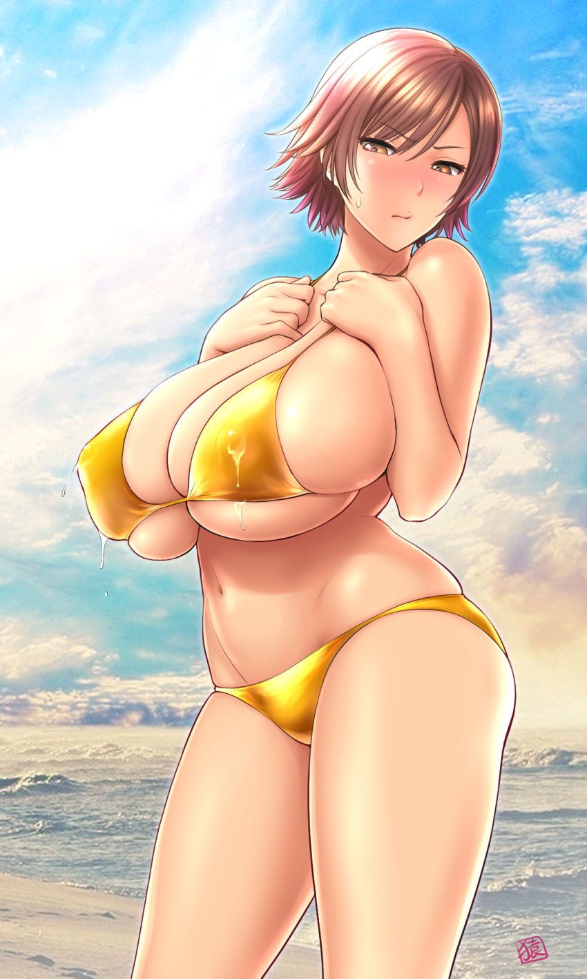 1girls bandai_namco beach bell_haircut bikini blue_sky blush breasts brown_eyes brown_hair cleavage closed_mouth female female_focus fighting_game gold_bikini high_res japanese kazama_asuka lactation lactation_through_clothes light_blush matching_hair/eyes milf namco namco_bandai navel ocean outside short_hair signature skindentation sky st.germain-sal standing sunlight sweatdrop swimsuit tekken tekken_5 tekken_5_dark_resurrection tekken_6 tekken_6_bloodline_rebellion tekken_7 tekken_8 tekken_revolution tekken_tag_tournament_2 thighs video_game video_game_character video_game_franchise video_games