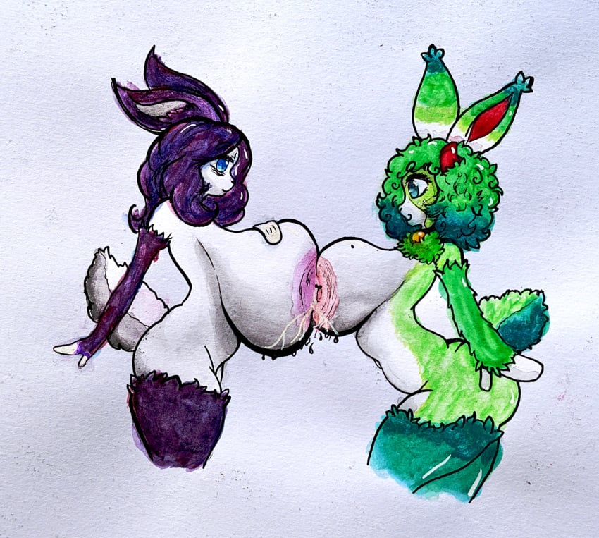 anthro bell bell_collar big_breasts blue_eyes bodily_fluids bovid breast_focus breast_freckles breast_squish breasts breasts_frottage caprine collar female female/female female_focus fingers fur fur_collar fur_pattern green_body green_fur green_hair hair hi_res huge_breasts lactating lagomorph leporid mammal purple_body purple_fur purple_hair rabbit rabbit_ears sheebi sheebibites sheep squish teal_eyes teal_hair white_body