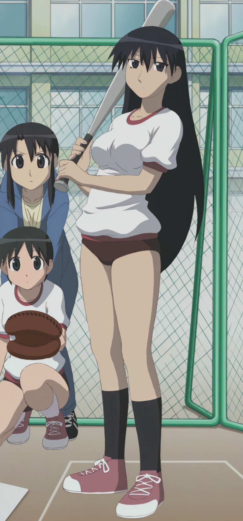 3girls accurate_art_style azumanga_daiou baseball baseball_bat baseball_glove black_eyes black_hair bloomers breasts buruma gym_uniform long_hair nyamo_minamo_kurosawa sakaki school screencap sports_uniform third-party_edit