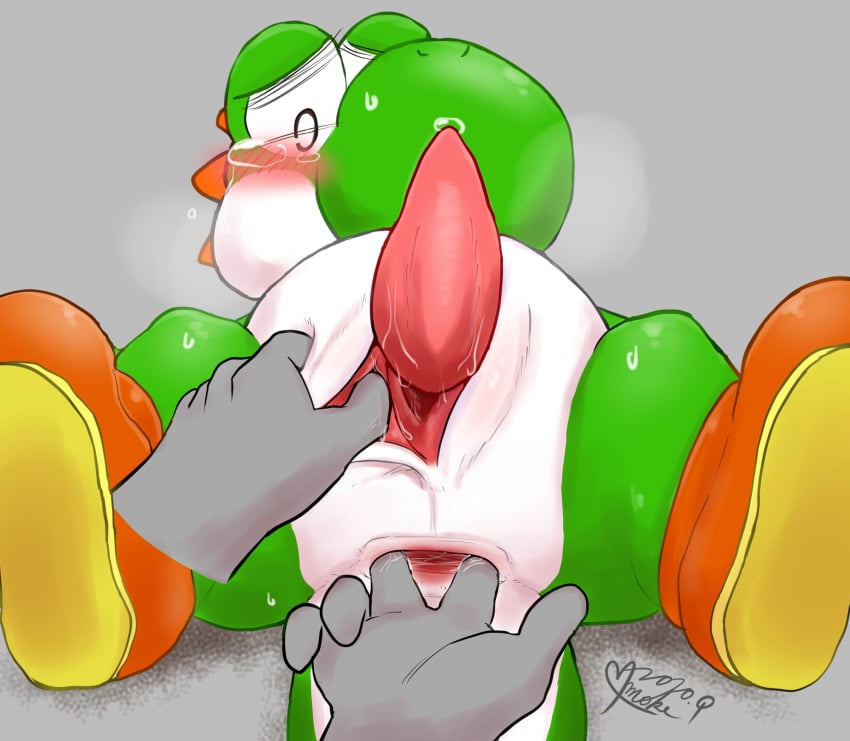 anal anal_fingering animal_genitalia anthro anus blush bodily_fluids censored disembodied_hand duo fingering genital_slit genitals green_yoshi hi_res male mario_(series) namoke nintendo penis questionable_consent scalie slit slit_play spread_anus spread_legs spreading tapering_penis tears unseen_character yoshi