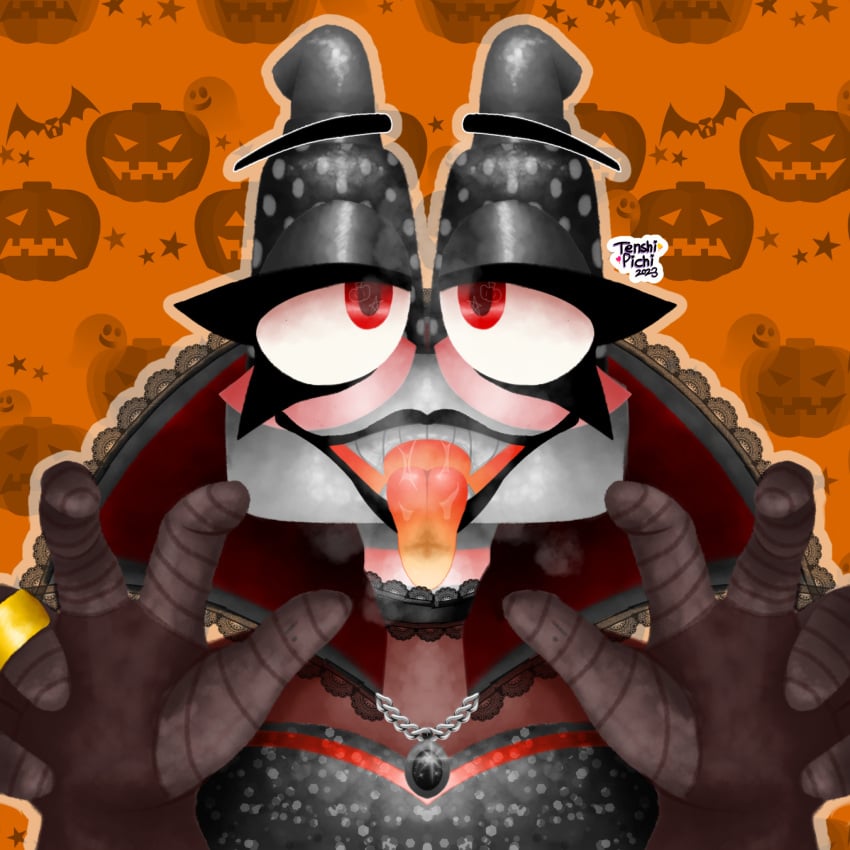 alternate_outfit earth_wubbox elaine_wubbox epic_wubbox fangs halloween halloween_costume my_singing_monsters open_mouth robot robot_girl saliva saliva_string tenshipichi tongue_out vampire_costume wedding_ring wubbox wubbox_(my_singing_monsters)