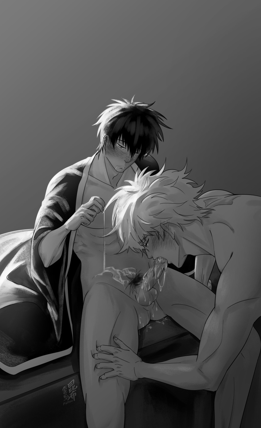 2boys alcohol blowjob blush drunk erection fellatio gay gintama gintoki_sakata hijikata_toshiro kimono kumbu looking_down male male_only male_pubic_hair monochrome open_clothes open_kimono oral penis pouring_on_self pubic_hair sake saliva sitting sloppy sloppy_blowjob uncensored yaoi