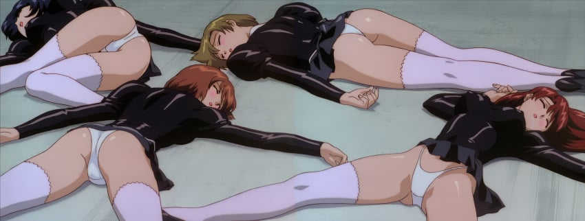 4girls accurate_art_style agent_aika ass black_delmo black_skirt body_pile breasts brown_hair closed_eyes defeated delmo delmogeny_uniform female human large_breasts long_hair multiple_girls open_mouth pale-skinned_female pale_skin panchira panties passed_out saliva screencap short_hair skirt tagme thighhighs third-party_edit unconscious uniform villainess white_panties