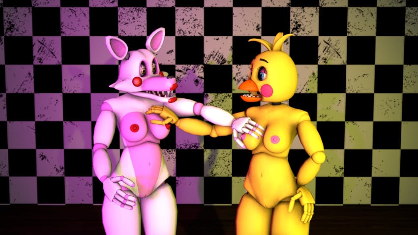 3d animatronic animatronic_female animatronic_girl animatronics beak blue_eyes breast_grab breasts checkered_background checkered_wall chica female female_only five_nights_at_freddy's five_nights_at_freddy's_2 fnaf grabbing_breasts hand_on_hip looking_at_another looking_at_each_other looking_at_partner mangle_(fnaf) naked naked_female nude nude_female pink_cheeks pink_nipples red_cheeks red_lipstick red_nipples source_filmmaker touching_breast touching_each_other toy_chica_(fnaf) white_body yellow_body yellow_eyes