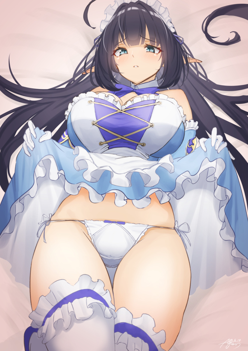 apron ayuman black_hair blue_bow blue_dress blush bow bow_panties breasts cleavage clothes_lift commentary_request commission cowboy_shot dress dress_lift female frilled_apron frilled_dress frilled_thighhighs frills gloves green_eyes highres huge_breasts king's_raid lifted_by_self long_hair looking_at_viewer lying maid maid_headdress mirianne_(king's_raid) on_back panties parted_lips pointy_ears raised_eyebrows side-tie_panties skeb_commission solo thigh_gap thighhighs underwear white_apron white_gloves white_panties white_thighhighs