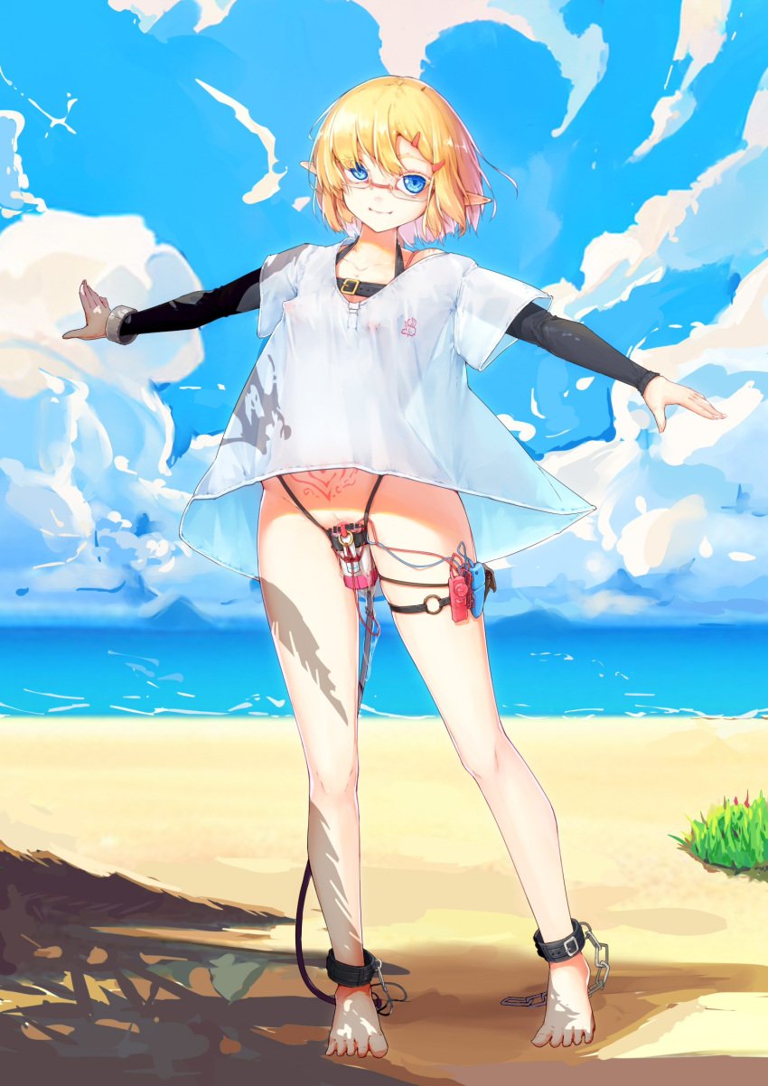 ankle_cuffs asymmetrical_bangs bar_censor beach black_sleeves blue_eyes censored clitoris_piercing cloud cloudy_sky covered_nipples cuffs detached_sleeves female female_urethral_insertion highres kearful light_smile looking_at_viewer object_insertion ocean original outstretched_arms piercing pointy_ears pubic_tattoo pussy pussy_piercing pussy_plug rimless_eyewear see-through see-through_shirt shirt short_hair sky tattoo uncensored urethral_insertion vaginal_object_insertion vaginal_penetration vibrator_in_thigh_strap white_shirt