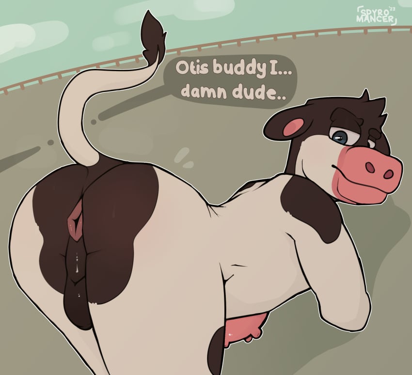 1boy absurd_res anthro anus ass back_at_the_barnyard barnyard_(film) bent_over black_body black_fur bovid bovine cattle cloud dialogue field fur grass hi_res leaning leaning_forward legs_together looking_at_butt looking_at_viewer looking_back looking_back_at_viewer looking_pleasured male mammal otis_(back_at_the_barnyard) outside plant presenting presenting_anus presenting_balls presenting_hindquarters puffy_anus raised_tail rear_view sky solo spyromancer tail talking_to_another teats udders white_body white_fur