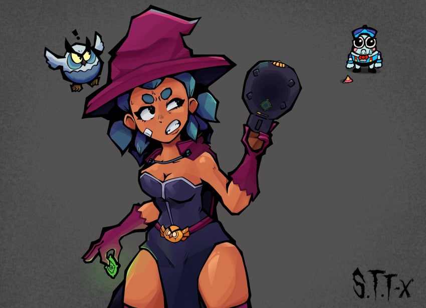 blue_hair brawl_stars cleavage hoot_hoot_shelly lou_(brawl_stars) owl shelly_(brawl_stars) thighs witch witch_hat