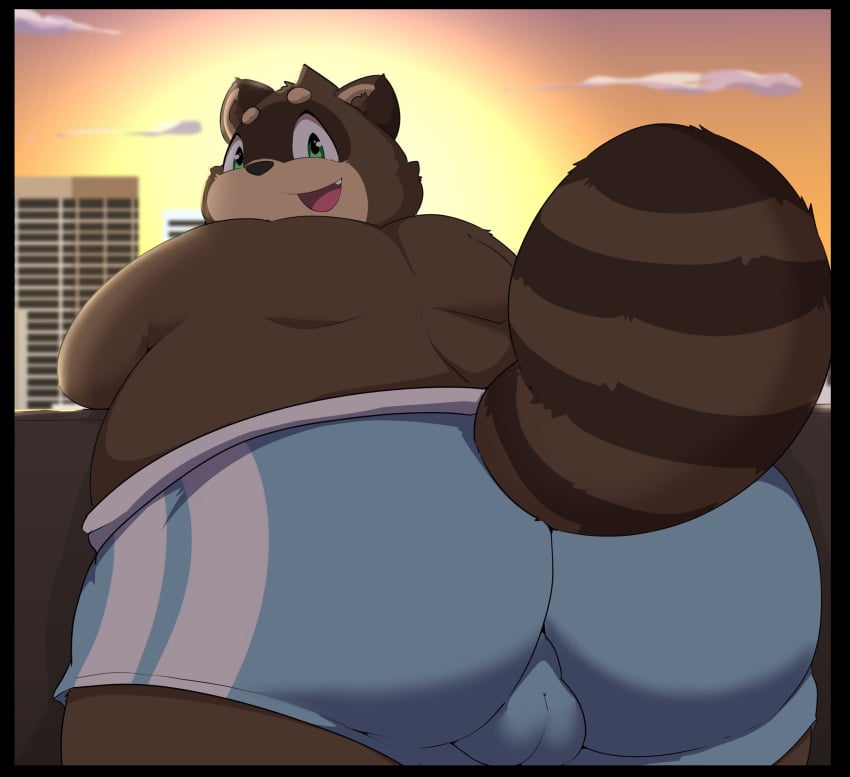 2023 anthro ass balls_outline belly big_belly big_butt bottomwear brown_body building bulge canid canine clothing detailed_background genital_outline hi_res kemono kusosensei male mammal outside overweight overweight_male raccoon_dog shorts shoutaro solo sunset tanuki