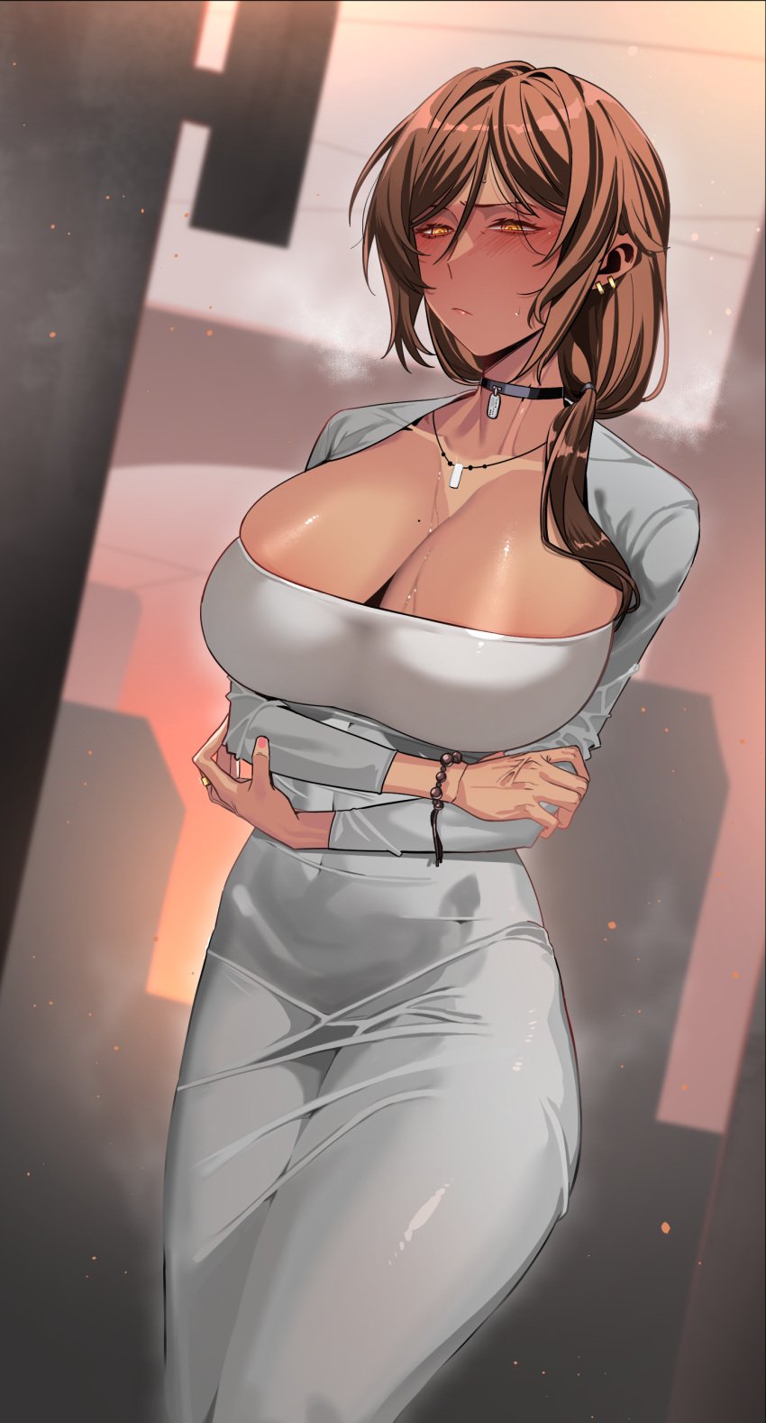 1girls big_breasts blush bracelet breasts brown_hair bust-waist_contrast busty choker cleavage crossed_arms curvaceous curvy curvy_body curvy_female curvy_figure dark-skinned_female dark_skin dongtan_dress dress ear_piercing earrings female hourglass_figure huge_breasts large_breasts limbus_company medium_hair necklace outis_(limbus_company) pierced_ears piercing project_moon rhlatm ring slim solo sweat thin_waist tight_clothing voluptuous white_dress yellow_eyes