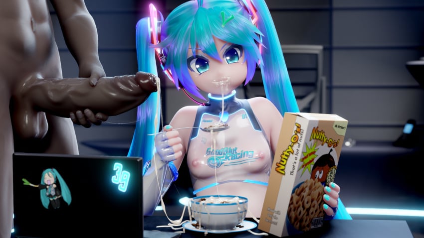 3d 3d_(artwork) big_breasts cereal cum cum_in_food cum_on_food dark-skinned_male eating_cum hatsune_miku mantis_x mouth_full mouth_full_of_cum penis petite see_through_clothing small_breasts smile smiling twintails vocaloid young