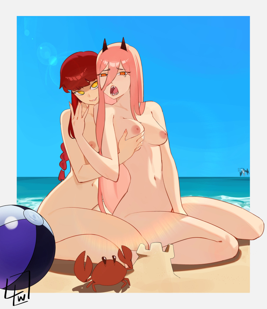 2girls beach beach_ball breast_grab chainsaw_man crab gun_devil_(chainsaw_man) l4wless makima_(chainsaw_man) medium_breasts multiple_girls nude ocean outside power_(chainsaw_man) sand_castle sitting