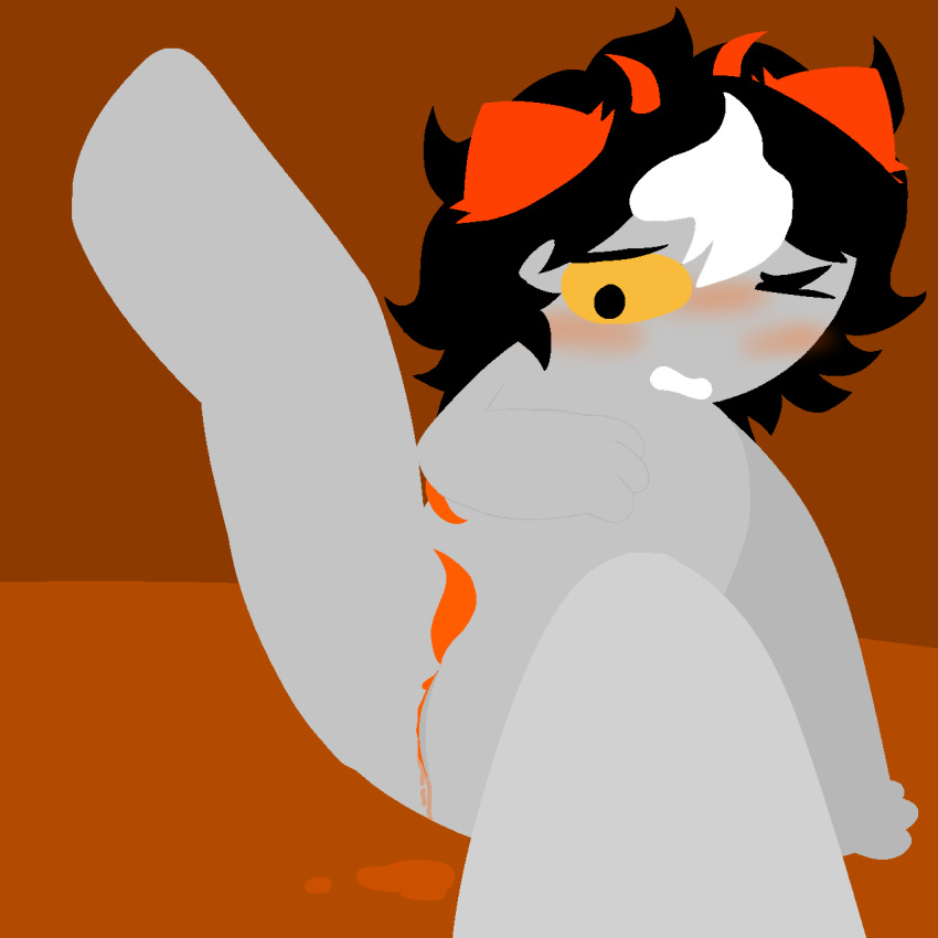 cuntboy cuntboy_sans_balls fantroll herm hermaphrodite homestuck homestuck_oc intersex jesterstxrz leaking_cum leaking_pussy lifting_leg male maleherm multi_genitalia orange_background orange_blush orange_penis penis pussy tentabulge tentacle_penis