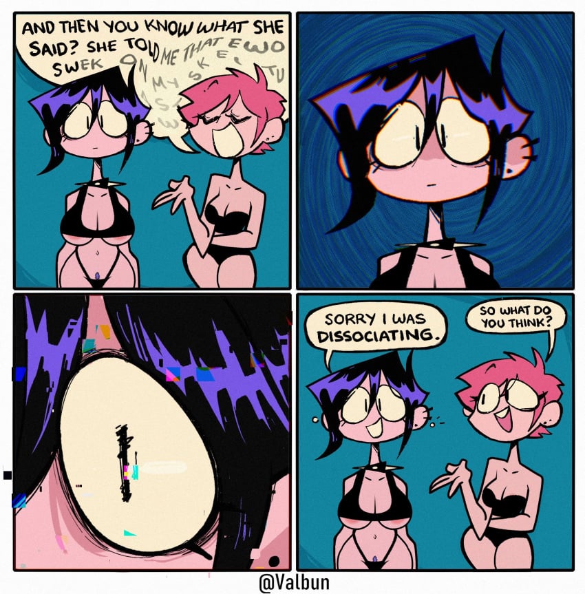 2girls alternate_version_available black_hair clevage conversation dialogue ear_piercing earrings english_text glitch glitch_effect multiple_girls pink_hair purple_highlights short_hair spiked_collar steca steven_casique text thelazyart valbun valbun_(oc)